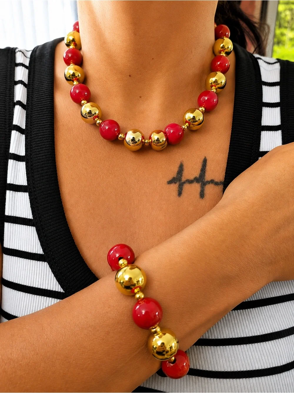 Gold and Red Beaded Necklace & Bracelet Set - Women Jewelry